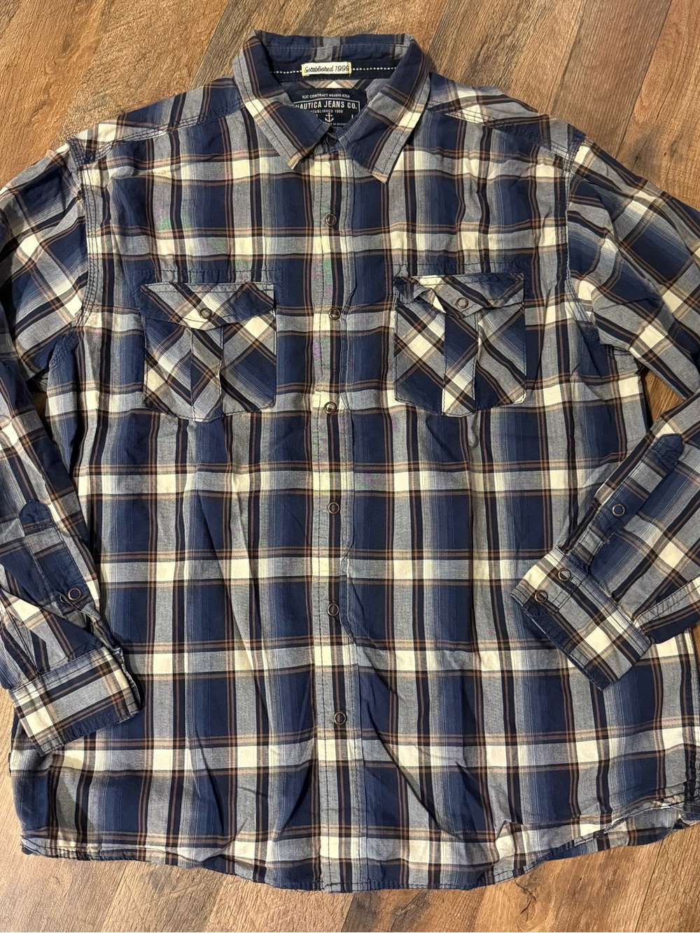 Nautica Men’s Blue and White Plaid Button-Down Shirt